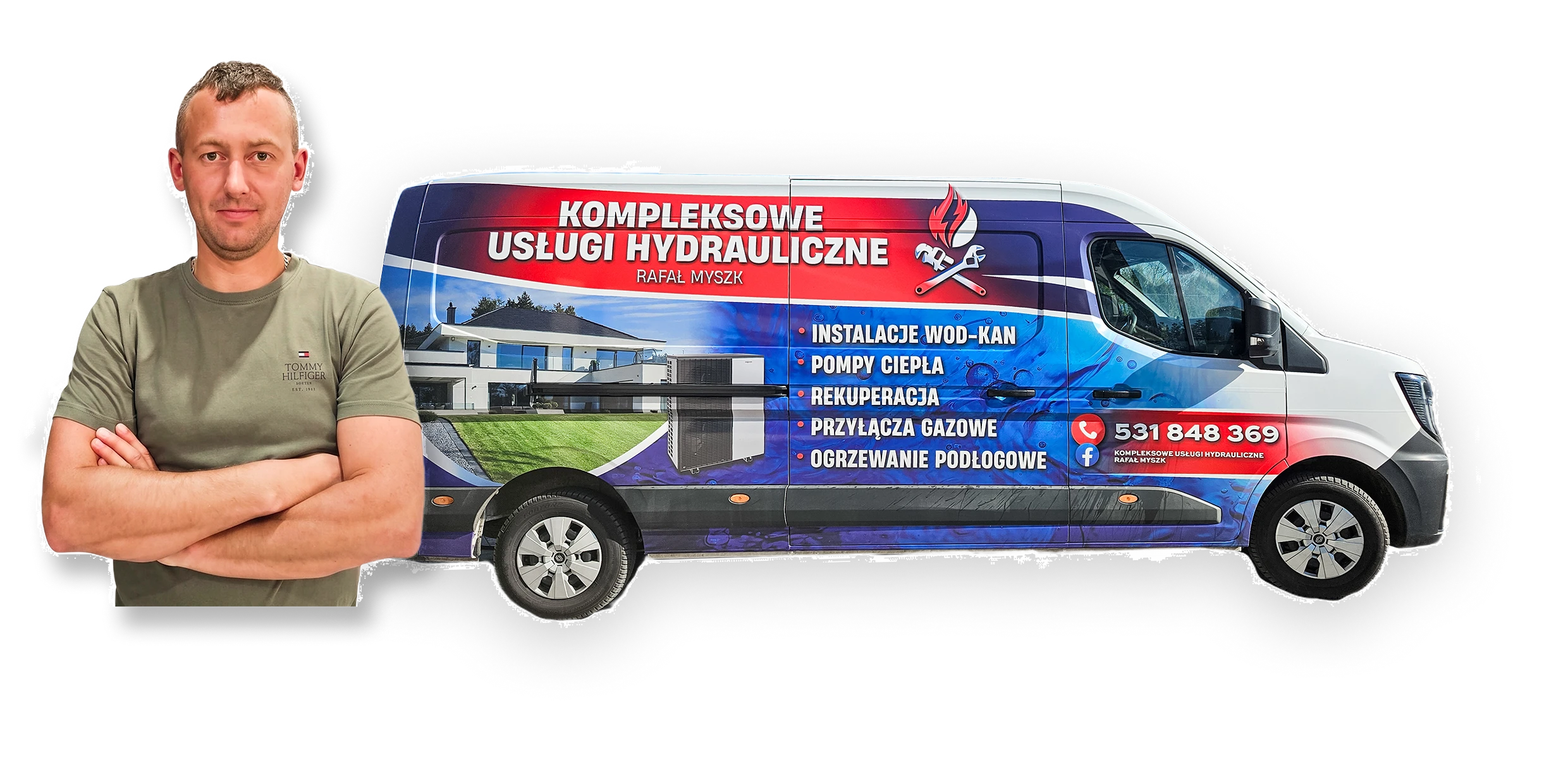 Mężczyzna z rękami skrzyżowanymi stoi obok furgonetki z reklamą usług hydraulicznych